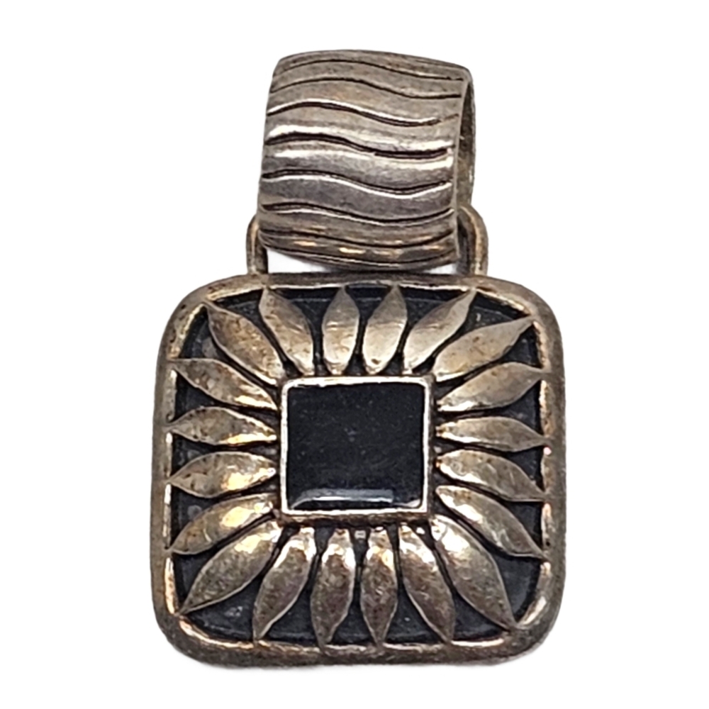 Large Silvertone & Black Enamel Square Sunflower Pendant Charm | 1.75" x .75"